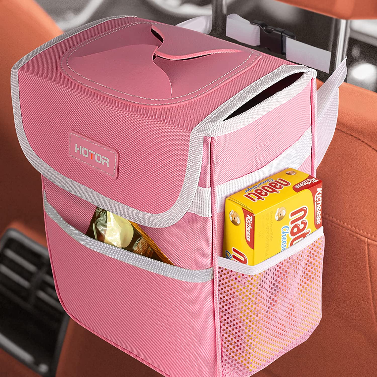 HOTOR Car Trash Can with Lid and Storage Pockets, 100% Leak-Proof
