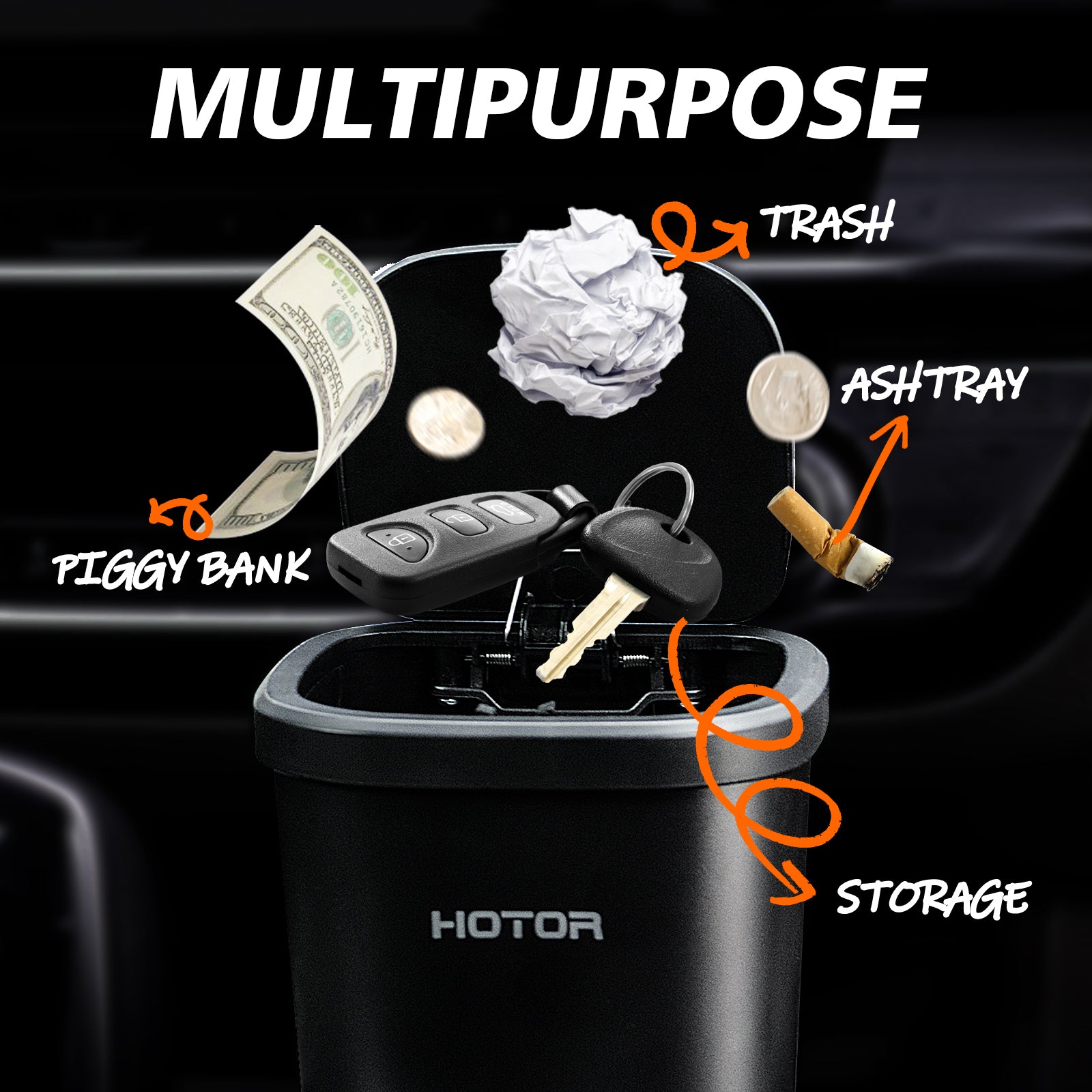 HOTOR Car Trash Can 2.5 Gallon - Handy Tissue Holder, Easy-to-Install